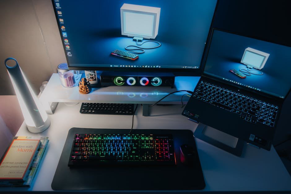 Stylish home office desk setup with RGB keyboard, monitor, and ambient lighting.